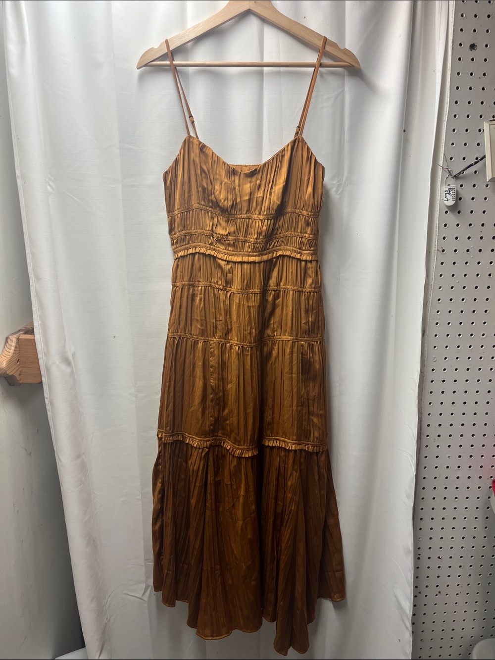 Anthropologie Gold Rust Ruched Tiered Satin Slip Milkmaid Cottage Dress- 4 - Picture 4 of 7